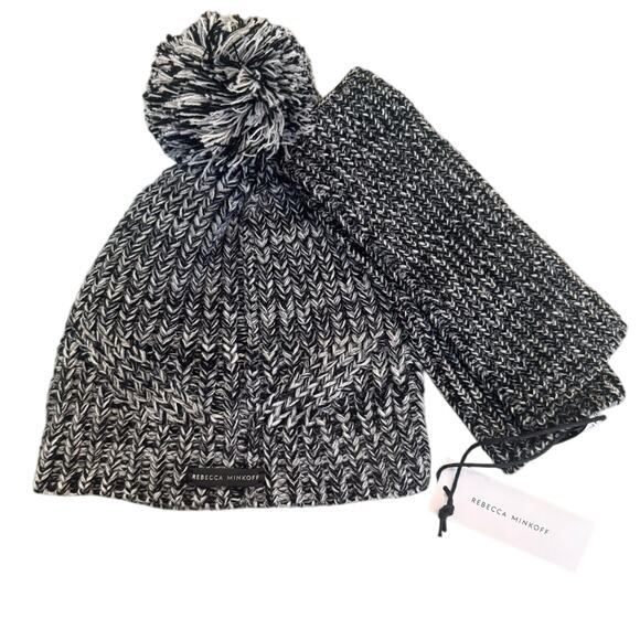 Rebecca Minkoff Marled Gray Pom Pom Beanie Hat and Arm Warmers Set Open Fingers - Picture 1 of 9